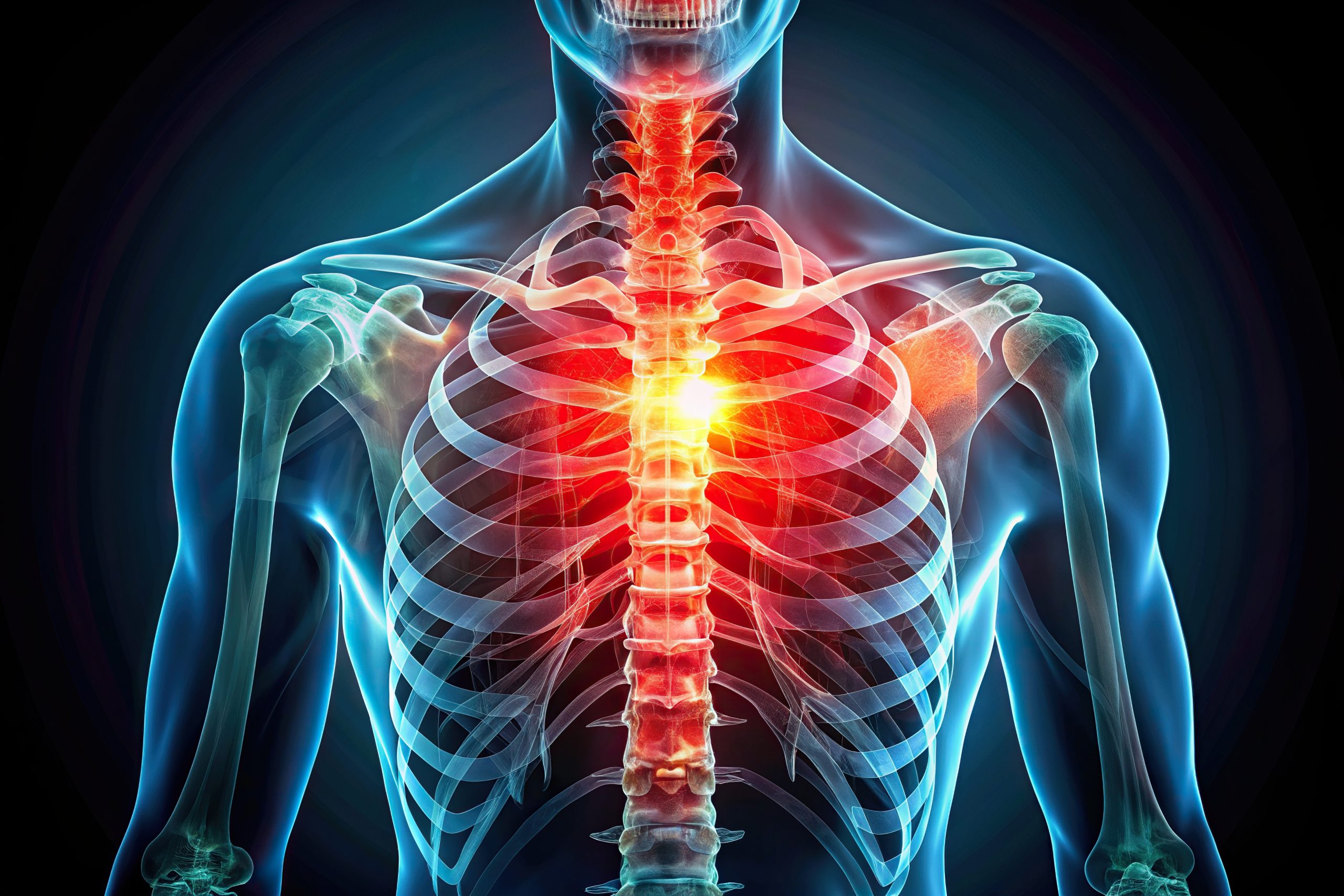 Vibrant X-ray illustration of thoracic spine and ribcage with red highlights emphasizing painful areas, hand hovering near neck, against a dark background.